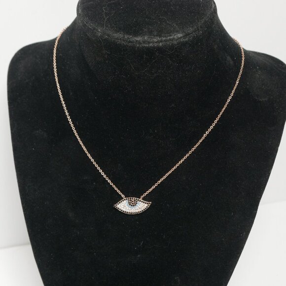 Pierre Lang Crystal Pave Evil Eye Necklace Pendant Rose Gold Plated - Picture 1 of 5